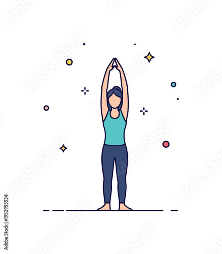 Arm stretch yoga inspired pose illustrated by a calm standing silhouette raising both arms upward in a simple vertical extension, conveying relaxation and