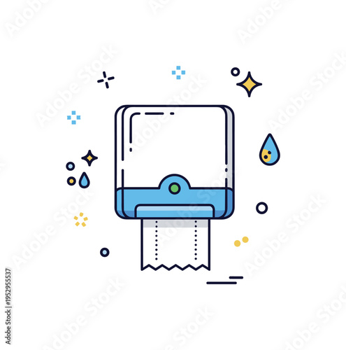 Paper towel dispenser in a public restroom setting simplified into a compact badge layout, with subtle sparkle icons suggesting hygiene and cleanliness