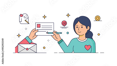 Sending a handwritten letter or note of encouragement to a friend in need, symbolizing thoughtfulness, care, and personal connection. Minimalist flat vector
