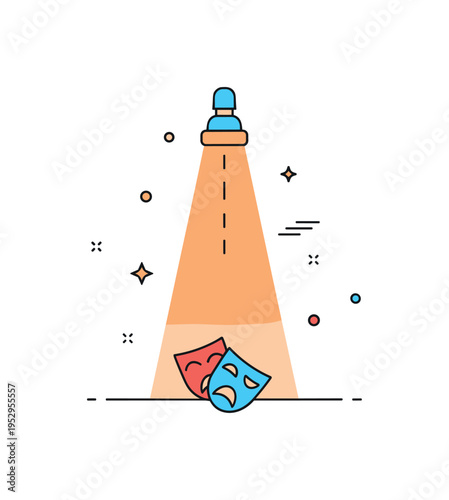 Stage drama visual metaphor centered on a single intense beam illuminating a dramatic mask icon on the floor, symbolizing storytelling and theatrical