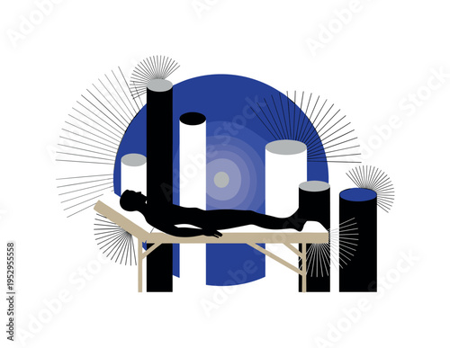 black and white reclining figure on therapy couch, bold indigo circular backdrop symbolizing altered state, flat abstract cylinders and subtle radiating line
