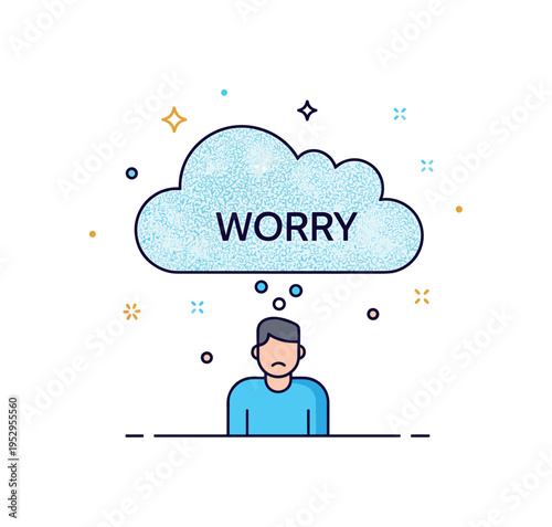 Cloud of worry illustration built around a stylized cloud filled with tiny scribble lines hovering above a person silhouette, expressing anxious thoughts in a
