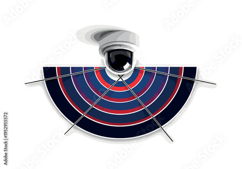 Black and white realistic ceiling security camera viewed from low angle, concentric circles expanding outward like motion detection waves, thin diagonal lines