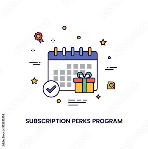 Subscription perks program concept built around a calendar icon with a small gift and checkmark, expressing recurring benefits and scheduled rewards. The