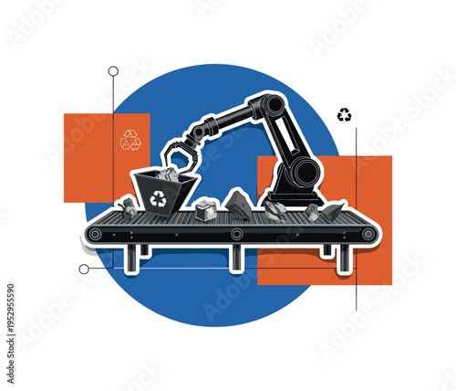 black and white robotic arm sorting recyclable materials on conveyor belt as central object, realistic cut-out with subtle white outline, layered with bold