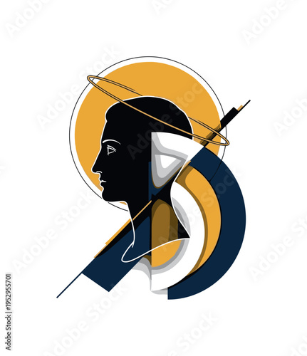 A monochrome Renaissance profile portrait silhouette, intersected by geometric arcs and a large circular halo symbolizing enlightenment, abstract flat shapes