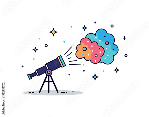Deep space exploration theme centered on a tiny telescope silhouette directed toward a colorful nebula cloud and distant stars, expressing discovery and