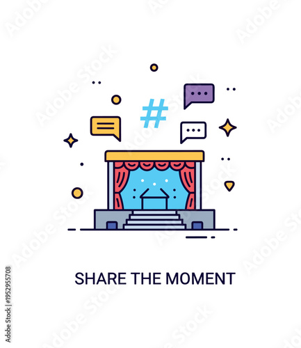 Event hashtags live concert interaction concept showing a compact stage icon beneath a floating hashtag and tiny chat bubbles, representing audience