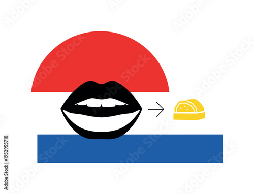 Black and white abstract mouth silhouette with simplified geometric food icon approaching, oversized red semicircle anchoring the upper frame, cobalt blue
