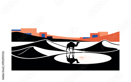 A monochrome camel silhouette near a circular oasis, dunes stylized as smooth geometric waves and semicircles, abstract rectangular blocks forming distant