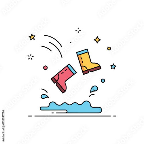 Childhood puddle jumping small boots midair above a puddle with curved motion lines capturing energetic movement. A joyful editorial icon expressing freedom,