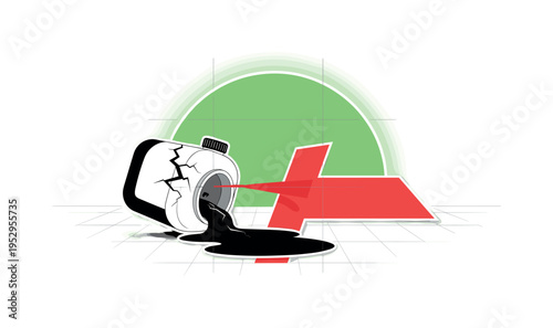 Black and white cracked chemical container leaking liquid onto the floor, large neon green semicircle rising behind it like a warning halo, abstract red