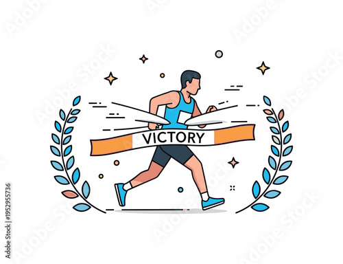 Running achievement moment showing a single marathon runner breaking through a tape labeled Victory while a subtle laurel wreath frames the scene. A clean and