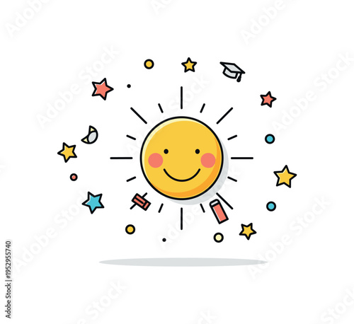 Children creativity concept centered on a smiling sun drawn in crayon style with scattered colorful stars around, conveying playful imagination and joyful