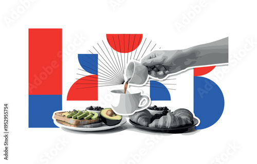 Black and white human hand pouring coffee into a cup at the center of a brunch spread, abstract semicircles and radial lines symbolizing morning energy, vivid