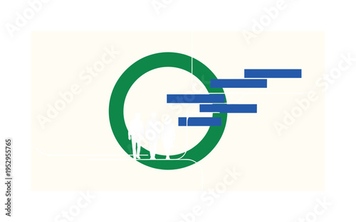 Black and white three adult silhouettes walking together, large deep green circular frame enclosing the group, cobalt blue rectangular accents arranged like