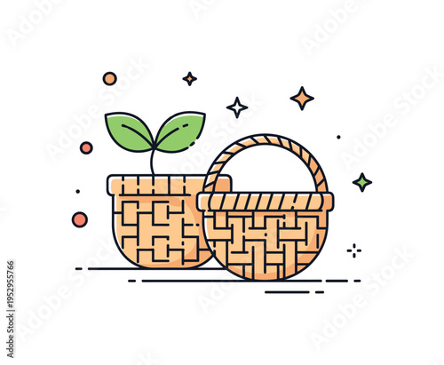 Handmade basket weaving with sustainable materials depicted by a woven basket paired with a small sprout accent, expressing renewable resources and traditional