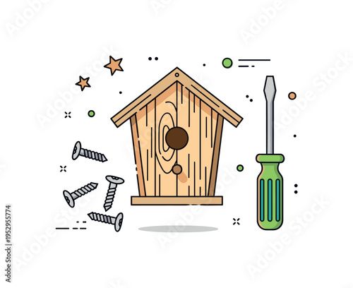 Backyard woodworking project partially assembled birdhouse with a screwdriver and scattered screws neatly positioned around it. A friendly editorial badge