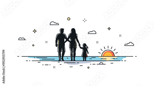 Sunset family walk on the beach showing three connected silhouettes strolling along the waterline with a warm sun dipping low on the horizon. The composition