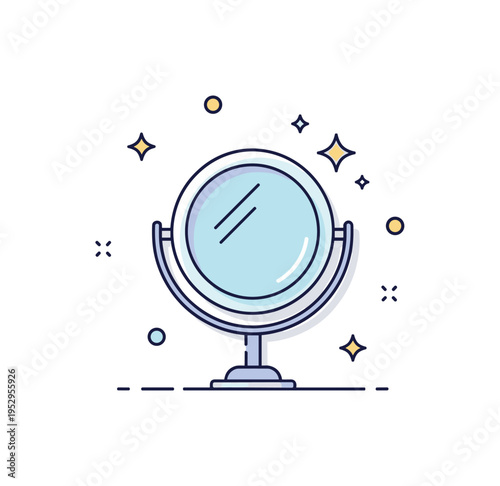 Cosmetic mirror reflection concept featuring a round vanity mirror with a soft glowing outline and a subtle sparkle accent, expressing beauty ritual and self