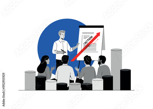 Black and white coach holding a flip chart while group members engage, oversized cobalt blue circle behind the chart symbolizing clarity, red diagonal stripe