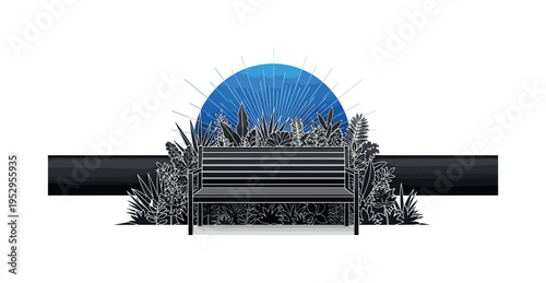 Black and white garden bench surrounded by foliage, vibrant cobalt geometric circle centered behind bench, deep charcoal horizontal bar stabilizing lower