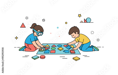 Kids experimenting with puzzle shapes and pattern matching on a small mat, fostering observation skills, creativity, and hands-on discovery in a playful