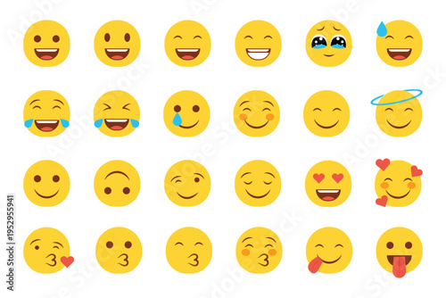 Collection of various yellow smiling emoticons and emoji faces