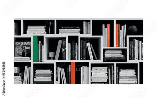 Black and white bookshelf filled with art books and reference materials, structured rectangular blocks forming a rhythmic pattern, bold emerald green and burnt