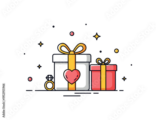 Luxury gift experience for couples centered on an elegant gift box with a subtle ring or heart icon accent, symbolizing curated romantic surprises