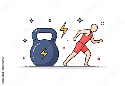 Kettlebell strength workout illustrated by a single kettlebell with a subtle lightning bolt accent and a simplified athlete silhouette, expressing dynamic full