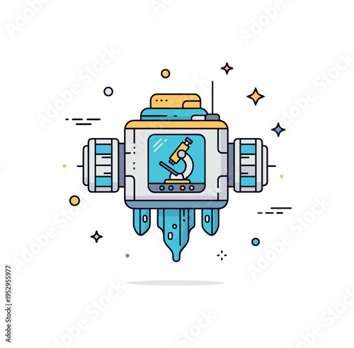Space laboratory research scene centered on a floating station module with a small microscope icon inside a window, highlighting experimentation, discovery,