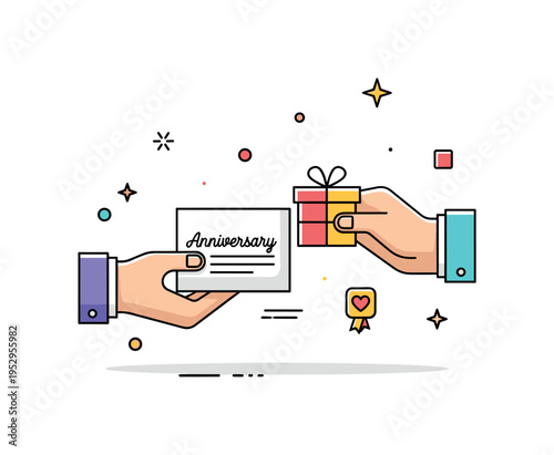 Anniversary card and gift scene with hands exchanging a handwritten note and a small box, symbolizing intimacy, appreciation, and thoughtful