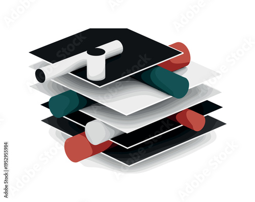 Black and white floating square panels stacked in depth, abstract cylinders and semicircles intersecting to soften the rigid form, retro cut-out layering with