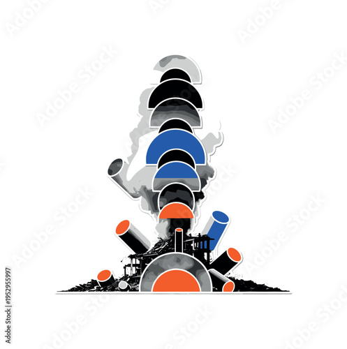 Black and white realistic dust cloud rising from a demolished structure, dust stylized as layered semicircles and cylinders, bold flat color accents in cobalt