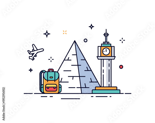 Travel exploration landmark illustrated by a clean pyramid silhouette paired with a small backpack icon, symbolizing tourism and cultural curiosity. The