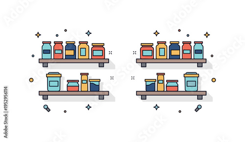 Kitchen storage optimization featuring wall mounted shelves with jars and containers arranged symmetrically, symbolizing efficiency and easy access. The