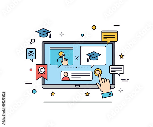 Interactive digital classroom board concept showing a smart display screen with touch icons and small data symbols, representing connected curriculum and