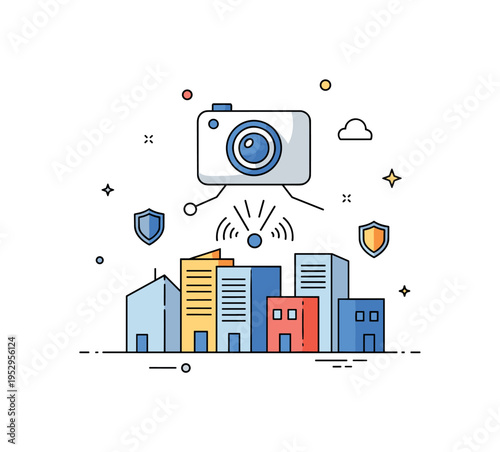 Urban security monitoring concept with a simplified camera icon overlooking small building shapes symbolizing data driven safety and surveillance systems.