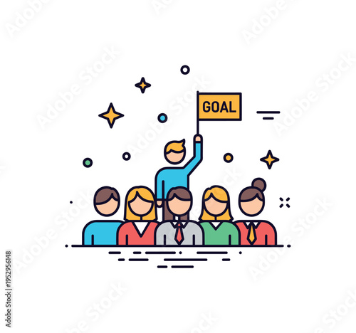 Empower your team confidence building concept represented by a group of figures with one raising a small flag marked Goal at the center, symbolizing