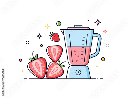 Strawberry smoothie ingredient scene depicted by sliced strawberry halves arranged beside a simple blender cup, symbolizing healthy drinks and fruity flavor.