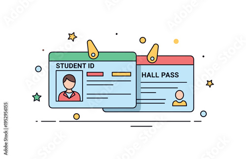 Student ID and hall pass combo dual-sided card partially flipped to show identification on one side and pass authorization on the other. A modern editorial