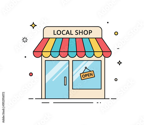 Local shop storefront small neighborhood store with striped awning, glass door and tiny Open sign hanging in the window, expressing community connection and