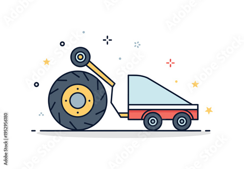 Rural transport power heavy duty tractor wheel supporting a simplified trailer outline, expressing load capacity and dependable hauling. A modern editorial