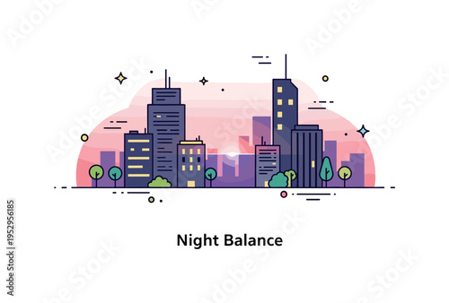 HDR photography urban skyline at dusk scene featuring simplified buildings with luminous windows and a glowing sky gradient, suggesting balanced exposure