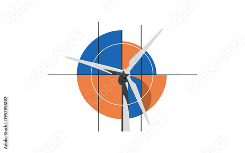 Black and white wind turbine blade tip enlarged in frame, intersected by large geometric semicircles representing wind currents, thin vertical and horizontal