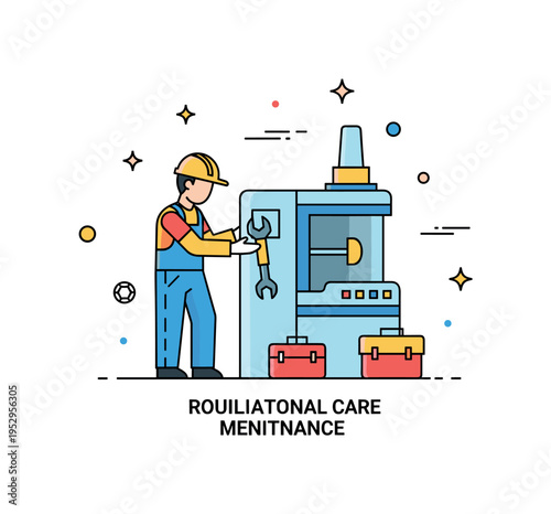 Routine maintenance in a factory showing a worker adjusting machinery with small toolkits and abstract decorative dots, highlighting operational care, safety,