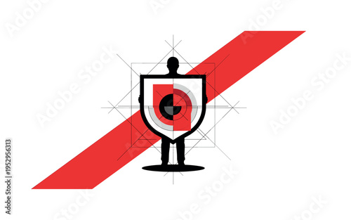 black and white silhouette figure holding an oversized abstract geometric shield made of layered circles and rectangles, bold red diagonal stripe dividing