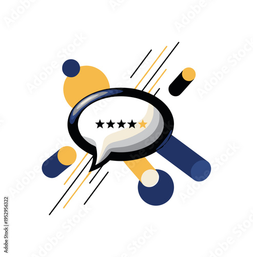 Black and white realistic speech bubble filled with star ratings, abstract cylinders and bold circles orbiting around it like engagement metrics, thin diagonal