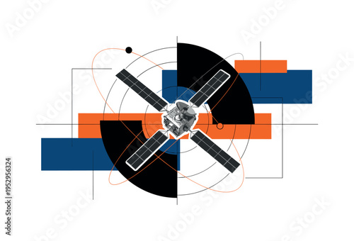 A black and white realistic satellite with extended solar panels orbiting diagonally, bold geometric semicircles wrapping around it as stylized orbital paths,